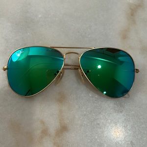 Ray Ban Aviator Sunglasses Matte Gold Frame, Green Mirror Lenses